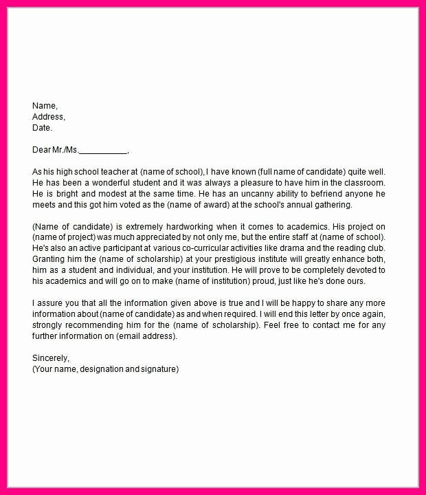 Scholarship Letters Of Recommendation Template Unique Scholarship Re Mendation Letter