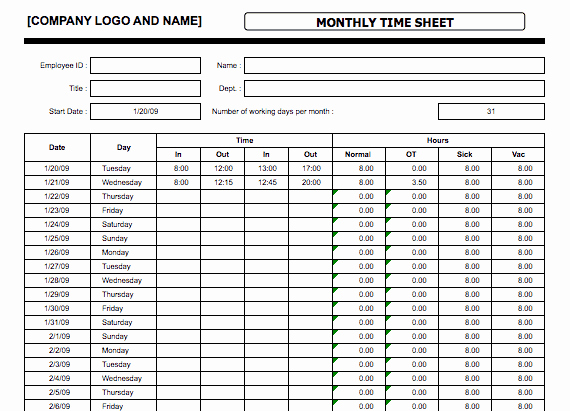 Semi Monthly Timesheet Template Excel Awesome 4 Monthly Timesheet Templates Excel Xlts