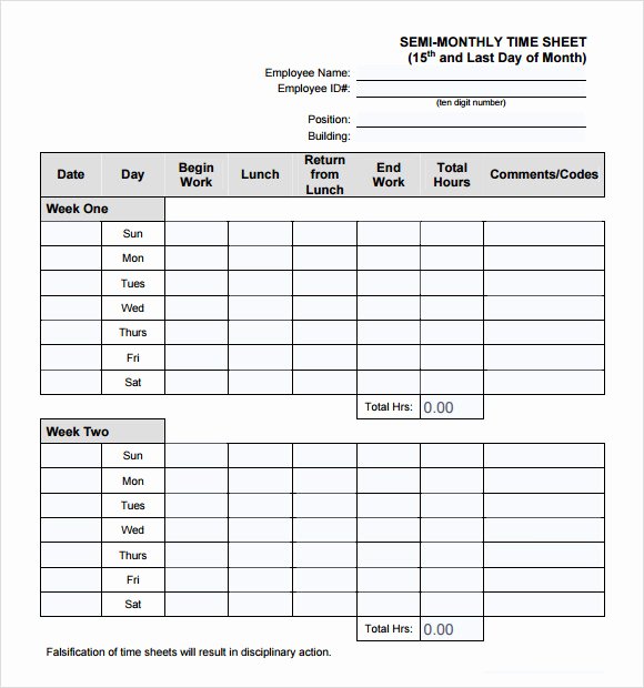 Semi Monthly Timesheet Template Excel Awesome Time Sheet Template 9 Free Sample Examples format