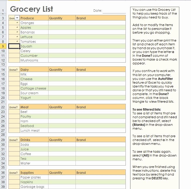 Shopping List Template Excel Beautiful Grocery List Template Excel