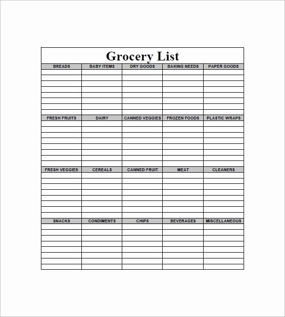 Shopping List Template Excel Fresh Blank Grocery List Pdf