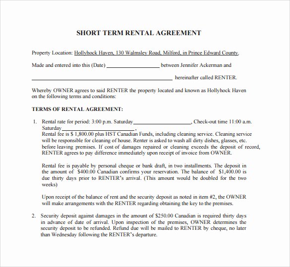 Short Term Rental Agreement Template Luxury Sample Short Term Rental Agreement 9 Free Documents In