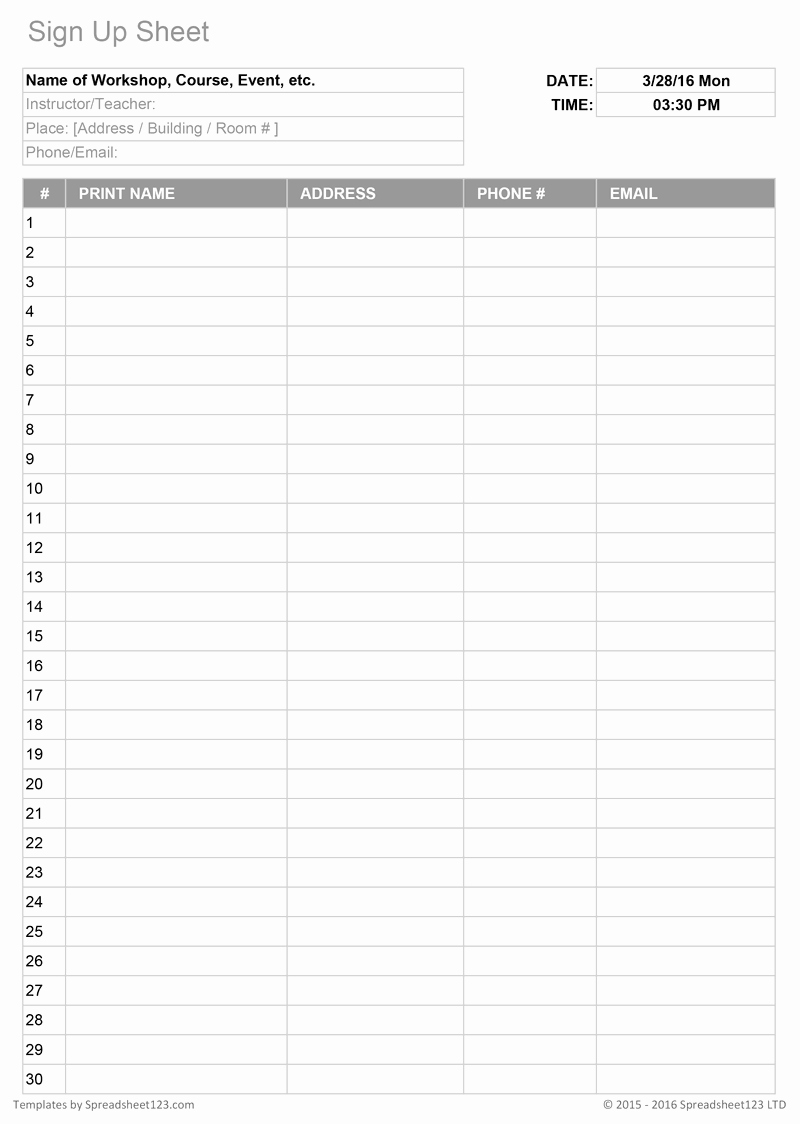 Sign In Sheet Template Excel Beautiful Printable Sign Up Worksheets and forms for Excel Word and Pdf