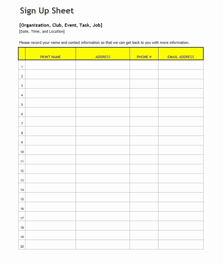 Sign Up Sheet Template Excel Elegant Free Program Sign Sheet Template Microsoft Word