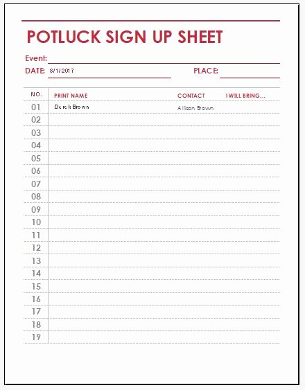 Sign Up Sheets Template Unique Potluck Sign Up Sheet Templates for Excel