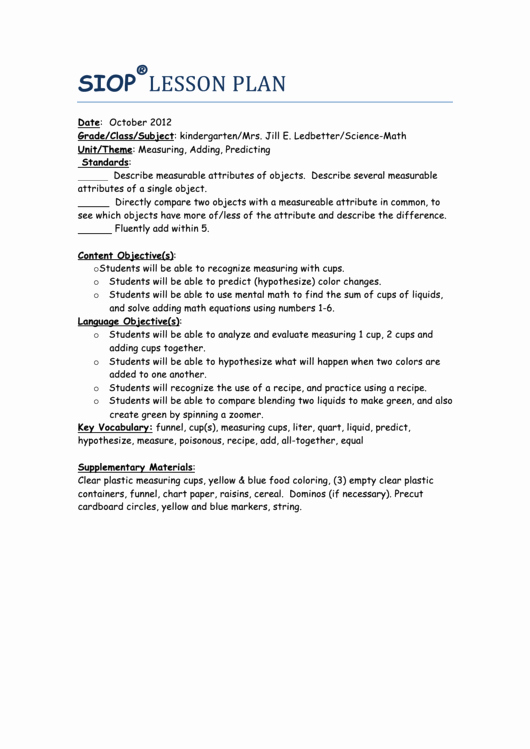 Siop Lesson Plan Template 3 Luxury Sample Siop Lesson Plan Measuring Adding Predicting