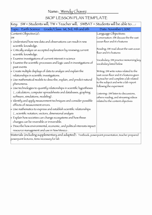 Siop Lesson Plan Template 3 New Siop Lesson Plan Sample Earth Science Printable Pdf