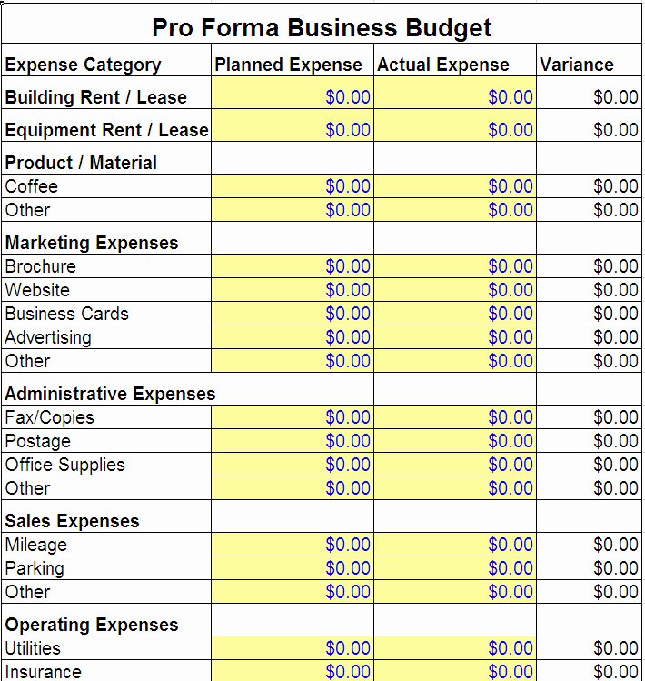Small Business Budget Template Excel Unique Pro forma Business Bud Template