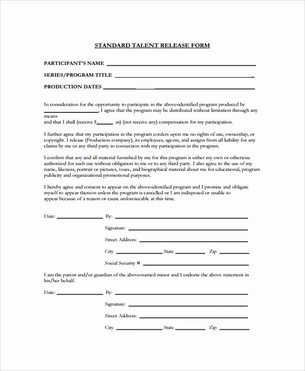 Standard Media Release form Template New Sample Talent Release form Template 9 Free Documents
