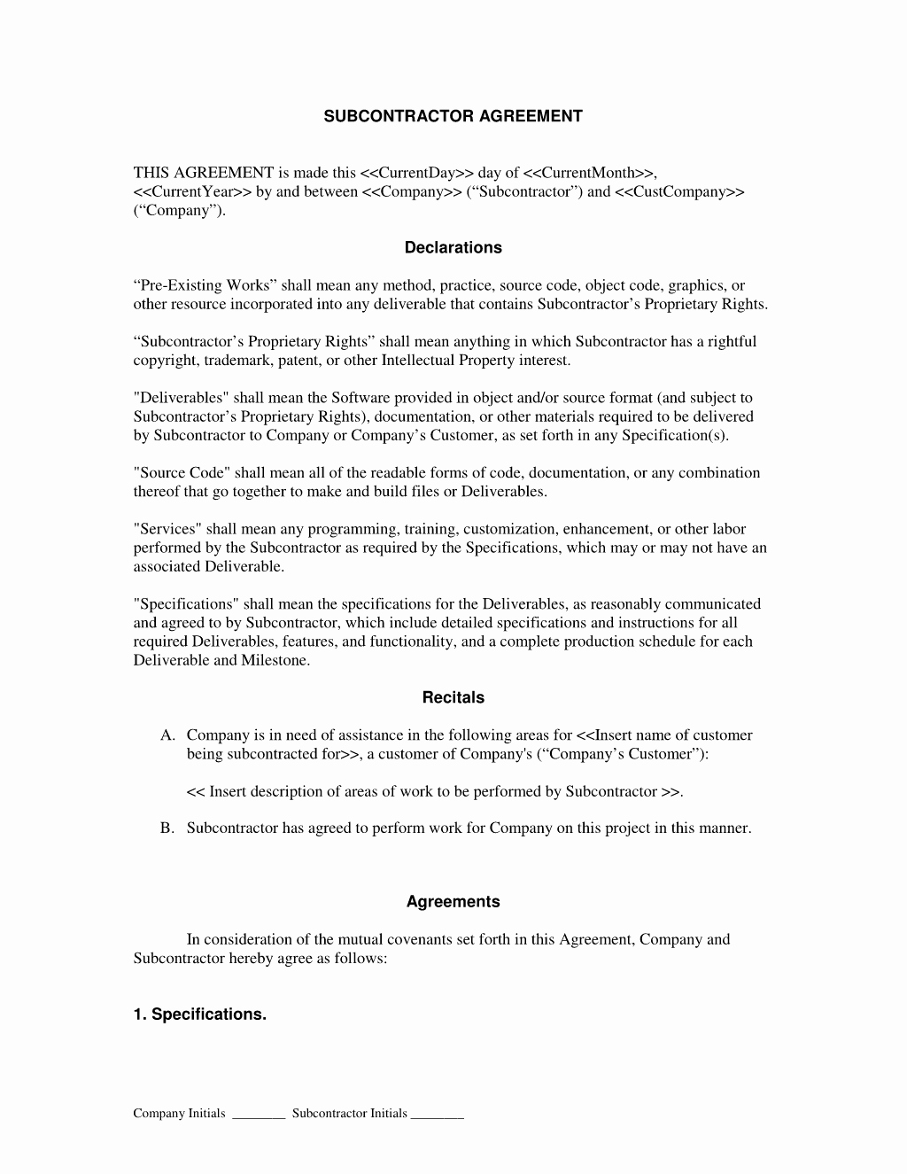 Subcontractor Contract Template Free Inspirational Subcontractor Agreement form Free Printable Documents