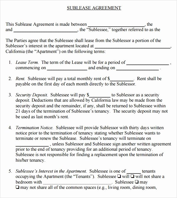 Sublease Agreement Template Word New Free 25 Sample Free Sublease Agreement Templates In