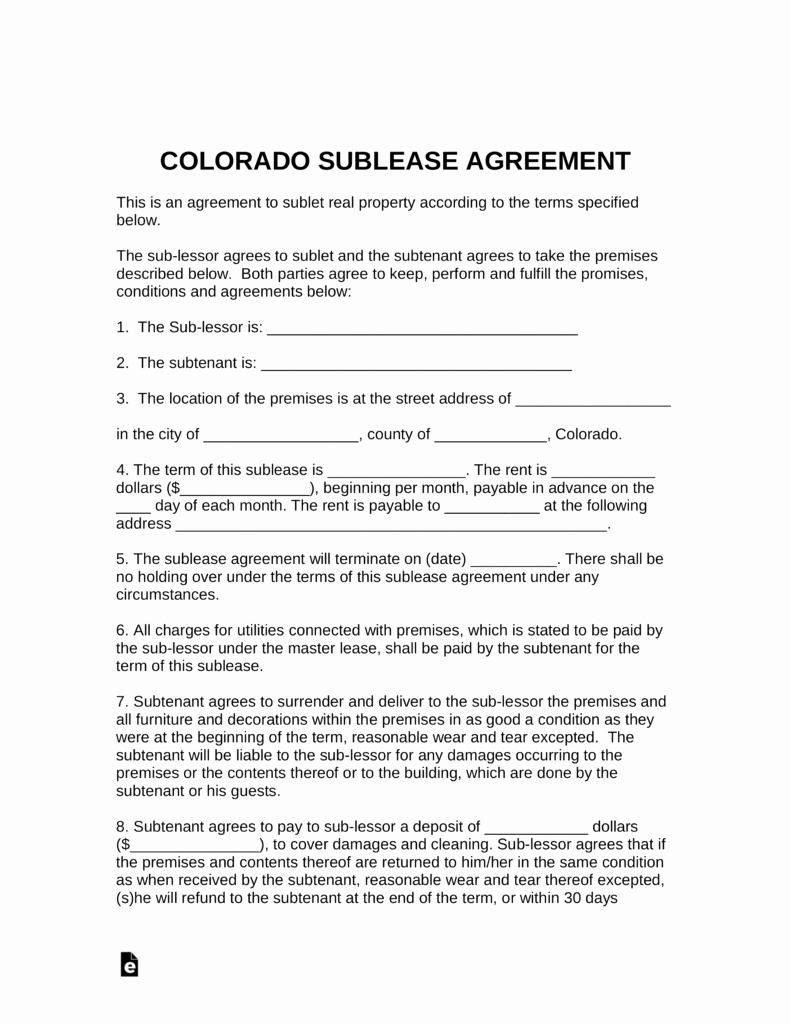Sublease Agreement Template Word Unique Free Colorado Sublease Agreement Template Pdf