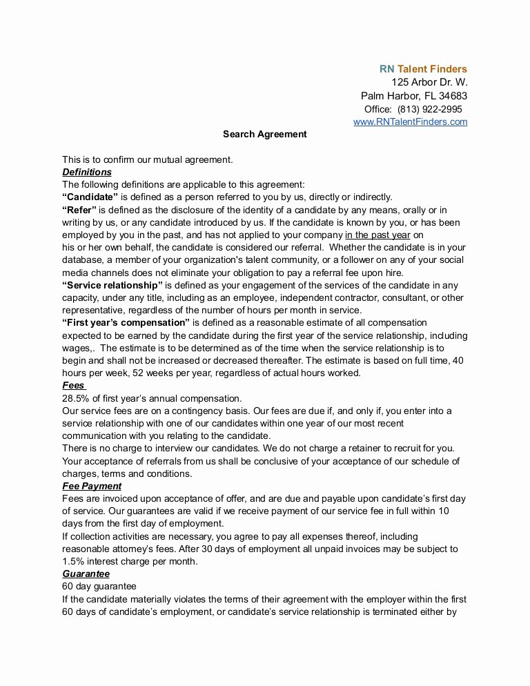 Talent Management Contract Template New Rn Talent Finders Llc Search Agreement