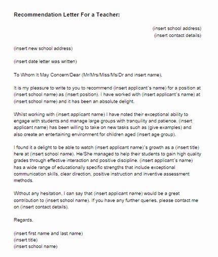 Teaching Letter Of Recommendation Template Awesome Re Mendation Letter for A Teacher Sample