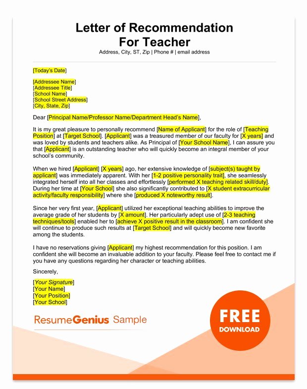 Teaching Letter Of Recommendation Template New Student and Teacher Re Mendation Letter Samples