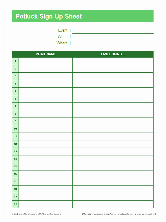 Template for Sign Up Sheet Inspirational Potluck Sign Up Sheets for Excel and Google Sheets