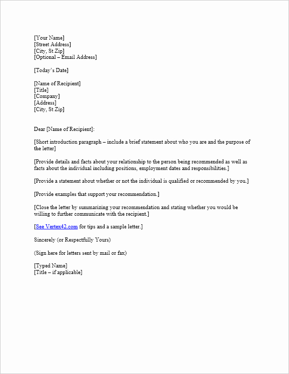 Template Letter Of Recommendation New Download the Reference Letter Template From Vertex42