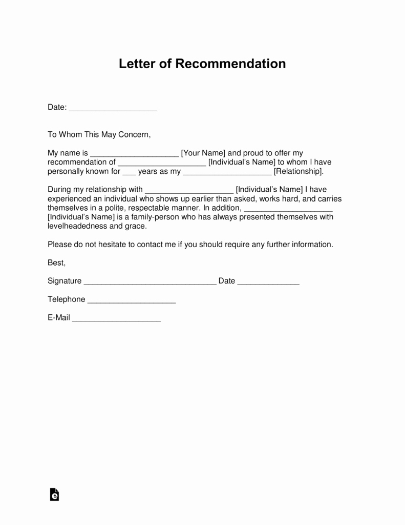 Template Letter Of Recommendation Unique Free Letter Of Re Mendation Templates Samples and