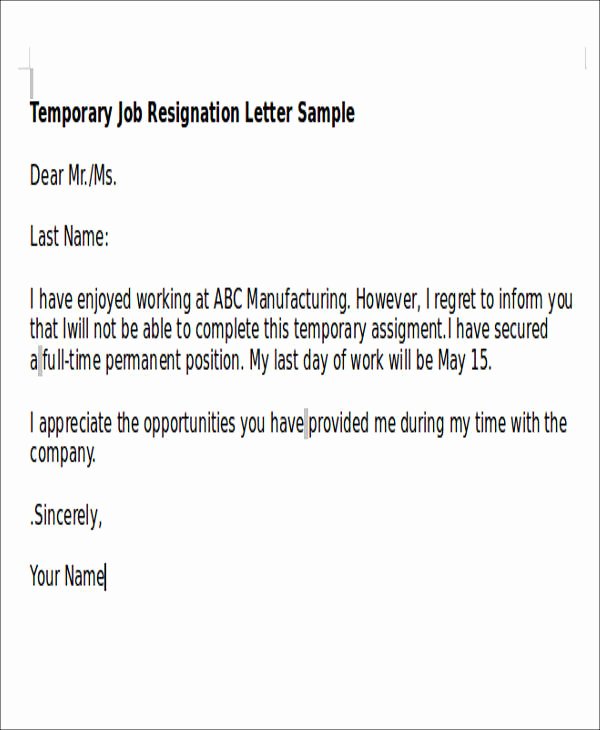 Temporary Employment Contract Template Fresh Sample Temporary Resignation Letter 5 Examples In Pdf