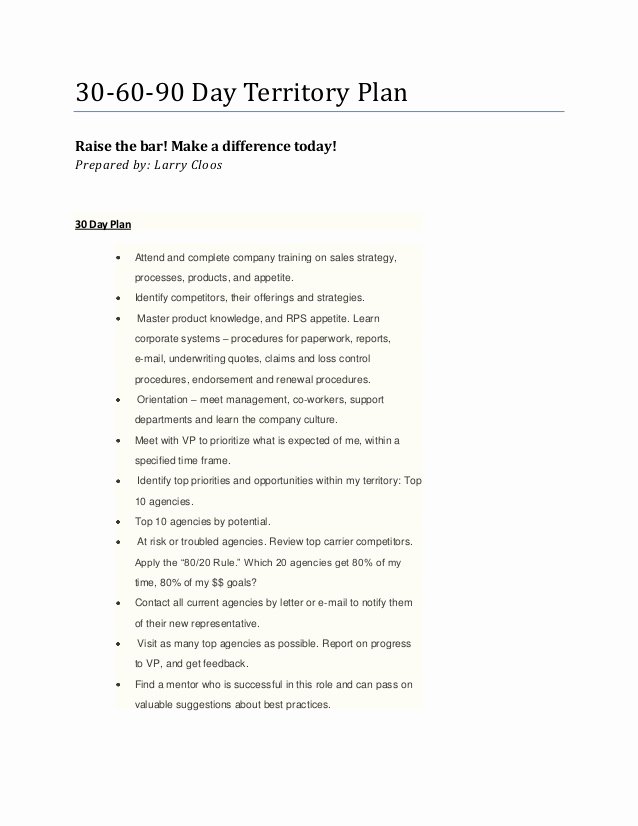Territory Management Plan Template Beautiful Larry S 30 60 90 Day Territory Plan