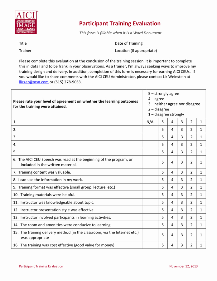 Training Evaluation form Template Best Of Participant Training Evaluation Template In Word and Pdf