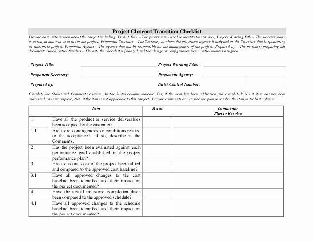 Transition Management Plan Template Luxury Project Closeout Transition Checklist