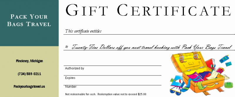 Vacation Gift Certificate Template Unique Pack Your Bags Travel &amp; tours Inc Gift Certificates