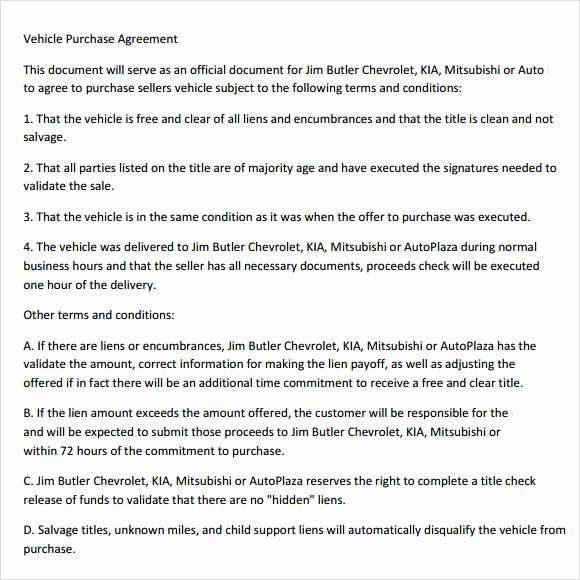 Vehicle Purchase Agreement Template Lovely Sample Purchase Agreement 10 Examples format