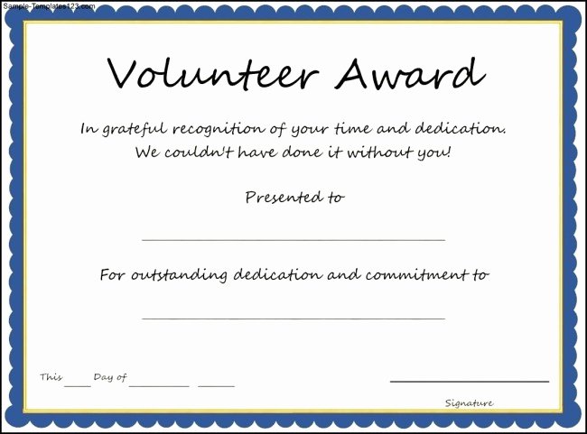 simple volunteer award template example with blue frame and gold list and blank space for recipient