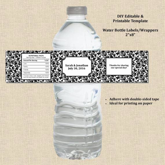 Water Bottle Label Template Word Inspirational Wedding Water Bottle Label Wrapper 2x8 Black White Damask