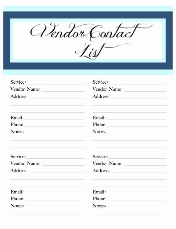 Wedding Vendors List Template Inspirational Wedding Belle Printable Vendor Contact by Poshsouthernplanners