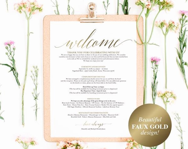 Wedding Welcome Letter Template Free Inspirational Faux Gold Wedding Itinerary Template Wedding Wel E