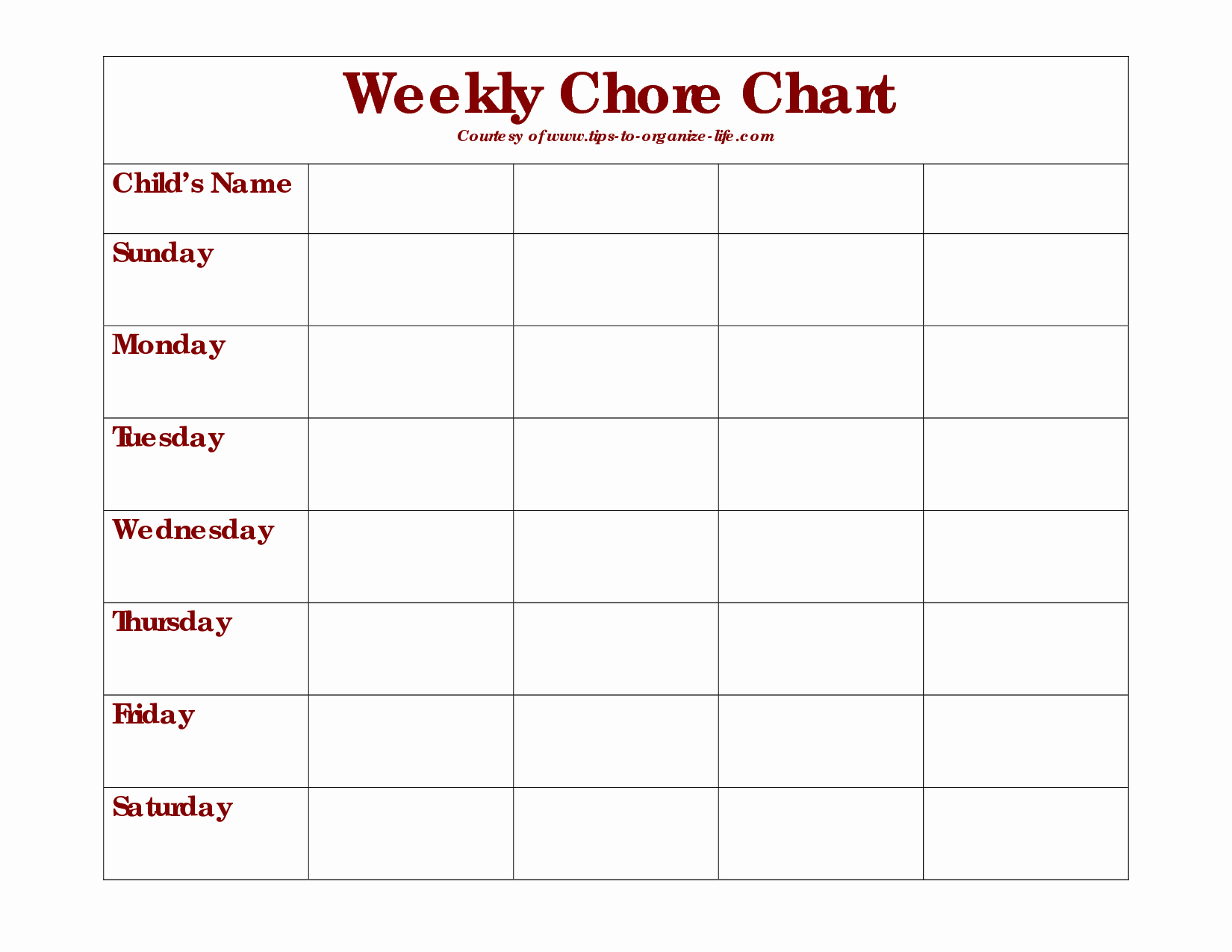 Weekly Chore Chart Template Lovely Weekly Chore Chart