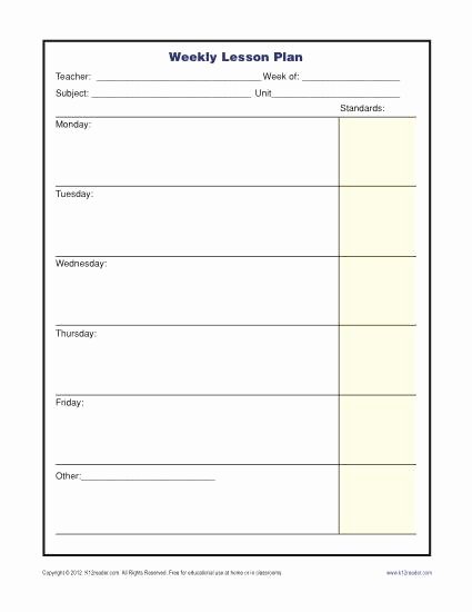 Weekly Lesson Plan Template Elementary New Weekly Lesson Plan Template with Standards Elementary
