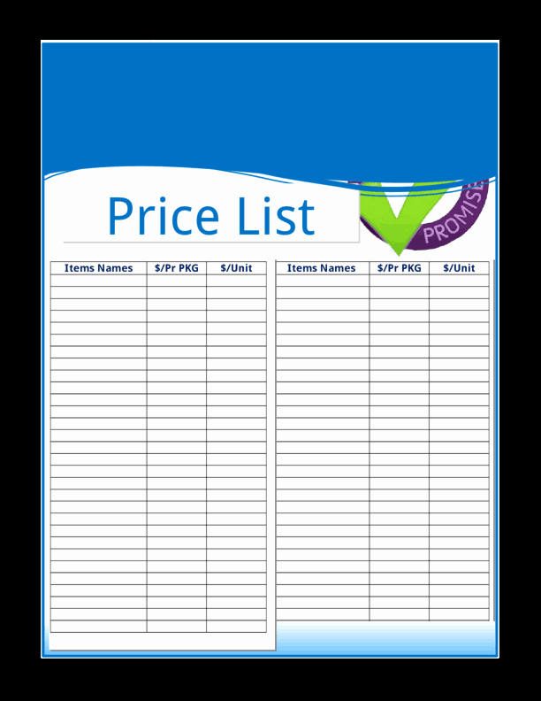 price list template